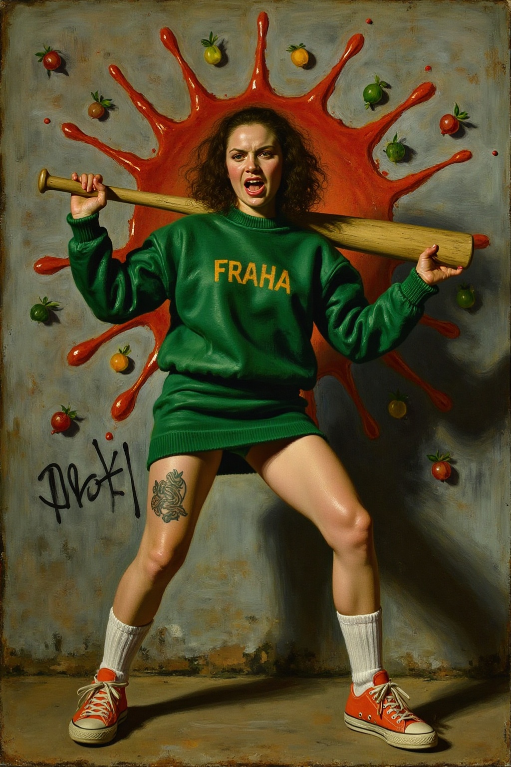 fraha1 painting. liquid splash,  cartoonish juicy fruits chaos,  dynamic pose on Tensor.Art