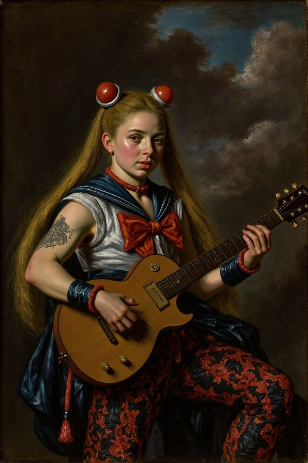 fraha1 painting of punk sailor moon playing a guitar at a heavy metal mosh pit,  tattoos,  pearcing. on Tensor.Art