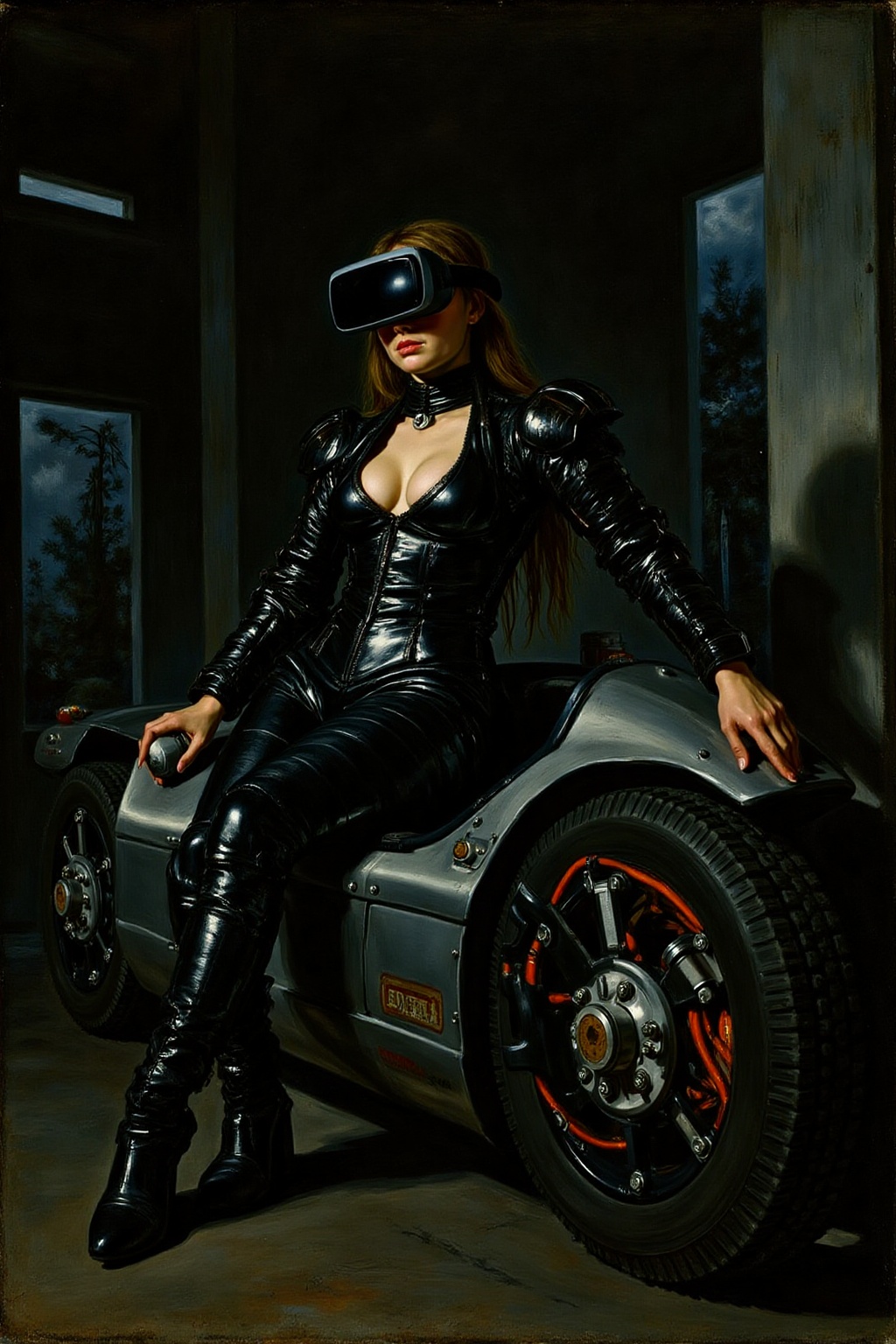 fraha1 painting A striking,  futuristic scene depicts a woman dressed in sleek,  form-fitting leather attire on Tensor.Art