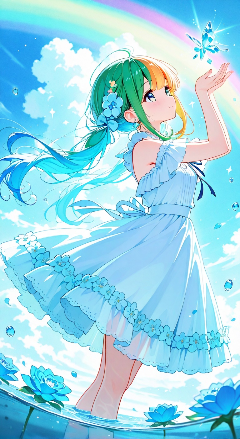 A serene watercolor scene unfolds: a woman with vibrant,  rainbow-hued hair,  softly glowing in the gentle light. Her lock...