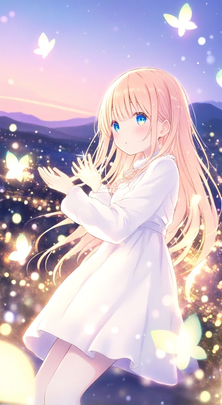 a young girl in a red and white Christmas dress,  surrounded by glowing fairy lights,  snowy background on Tensor.Art