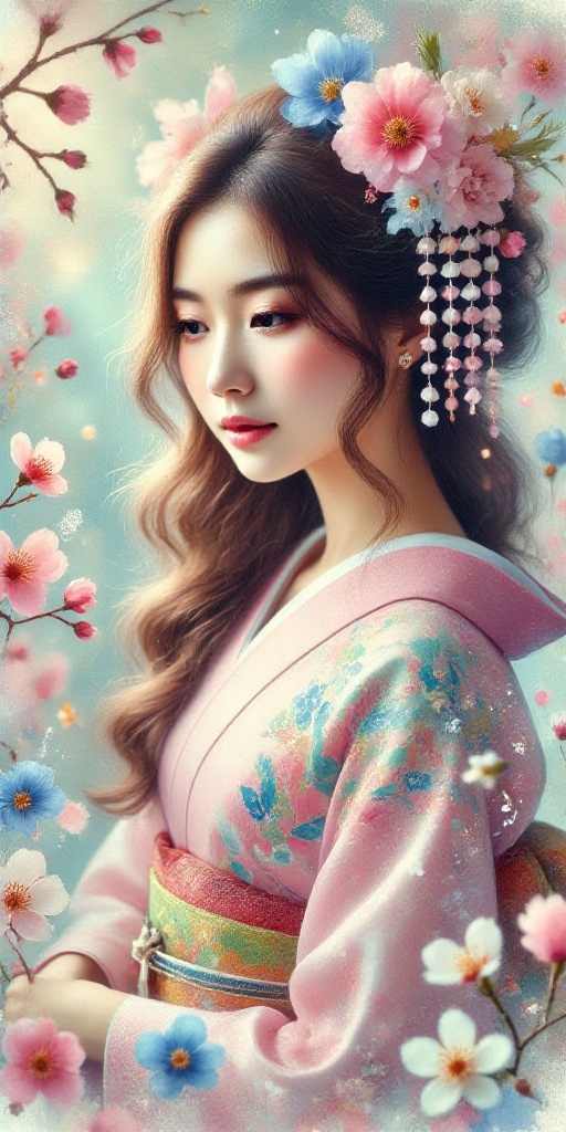 A delicate,  soft-focused portrait of an Asian woman with long brown hair cascading down her back,  adorned with vibrant p...