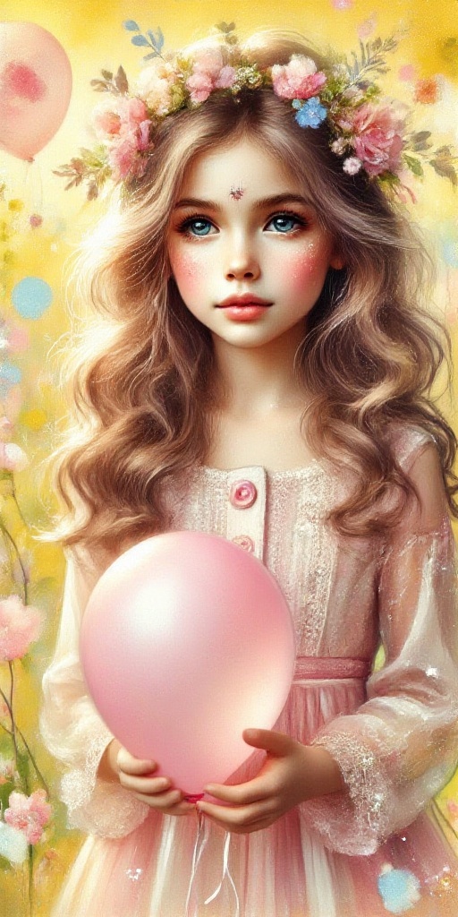A soft,  gentle medium-angle shot captures a whimsical young girl. Her long,  wavy brown hair cascades down her back on Te...