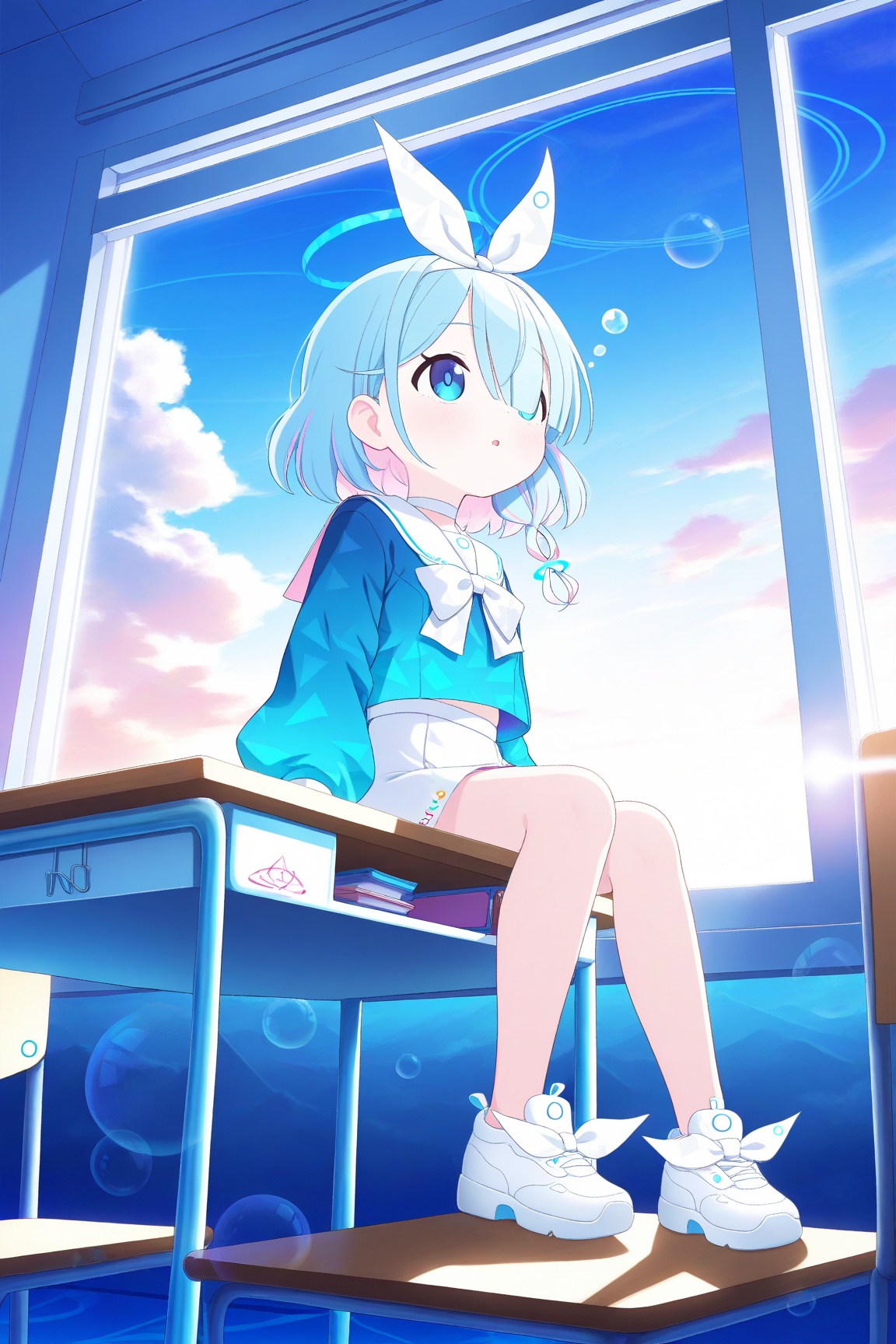 1girl,  arona \(blue archive\),  sitting on desk on Tensor.Art