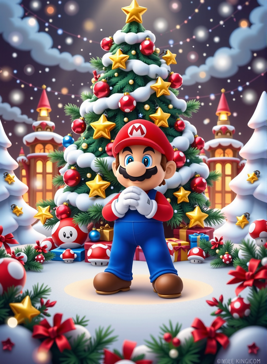 A whimsical illustration captures Mario,  dressed in his iconic red cap and blue overalls,  standing amidst a festive holi...