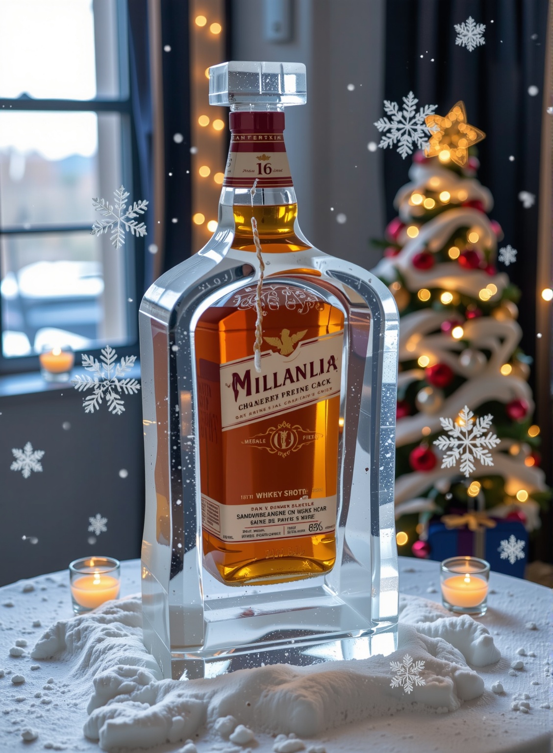 A majestic ice sculpture of a whisky bottle stands proudly on a snowy table,  its frosty glass and wooden crate meticulous...