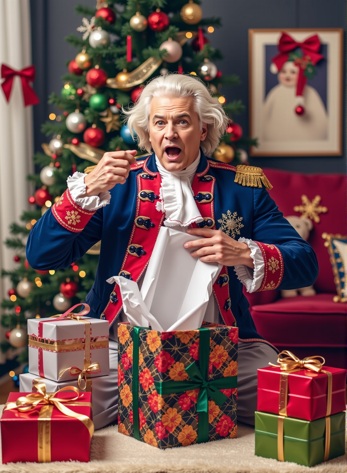 "Napoleon Bonaparte " tearing into a Christmas present. excitement,  holiday season. delight. shocked,  nonplussed on Tens...