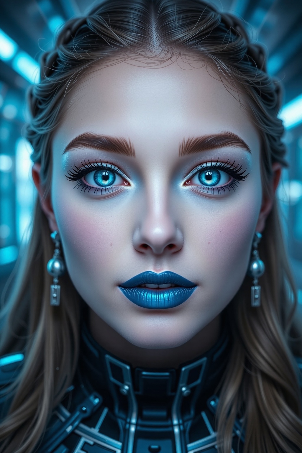 A mesmerizing close-up of a woman with shimmering pale skin and frosty silver eyelashes. Her lips are a deep blue,  glowin...