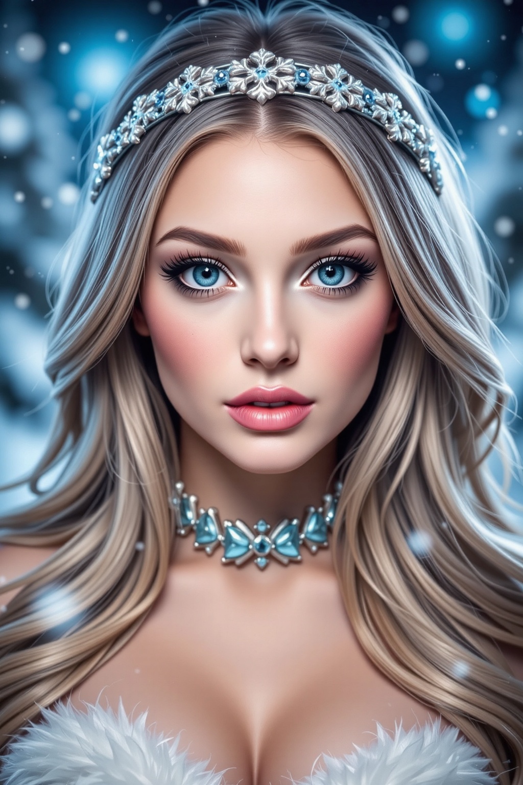A captivating woman with radiant skin and icy blue eye makeup,  her glossy lips shimmering like fresh snow. Her long,  sil...