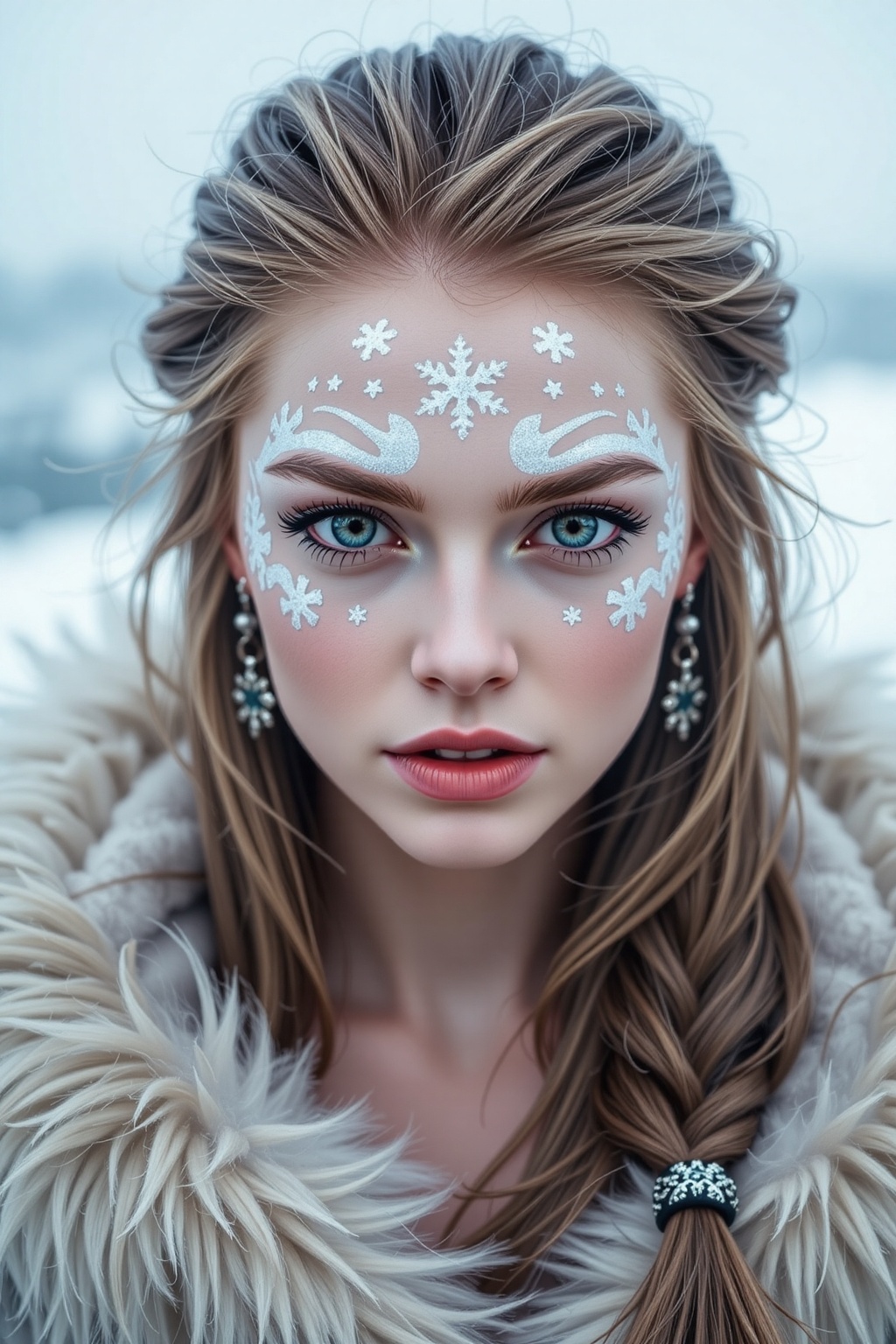 A fierce,  beautiful woman with pale skin and metallic silver face paint shaped like snowflake patterns across her cheeks...