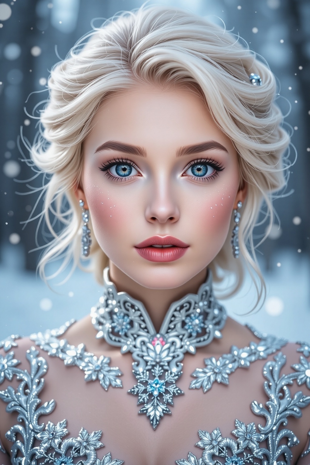 A stunning close-up of a woman with porcelain skin and frosty blue lips. Her shimmering white hair is styled in an elegant...
