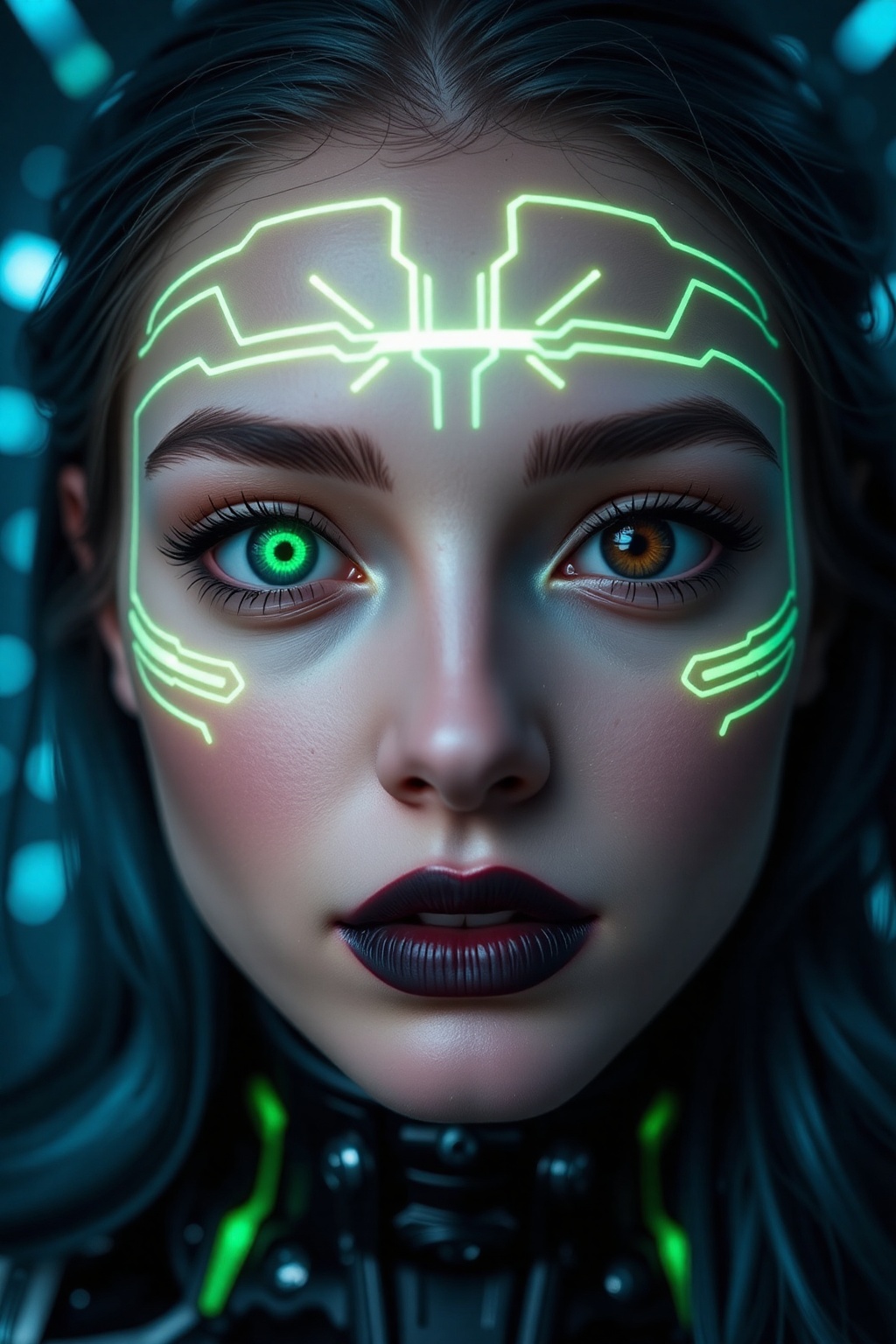 A detailed close-up of a woman’s face,  with glowing green circuitry etched delicately into her cheekbones and forehead. H...