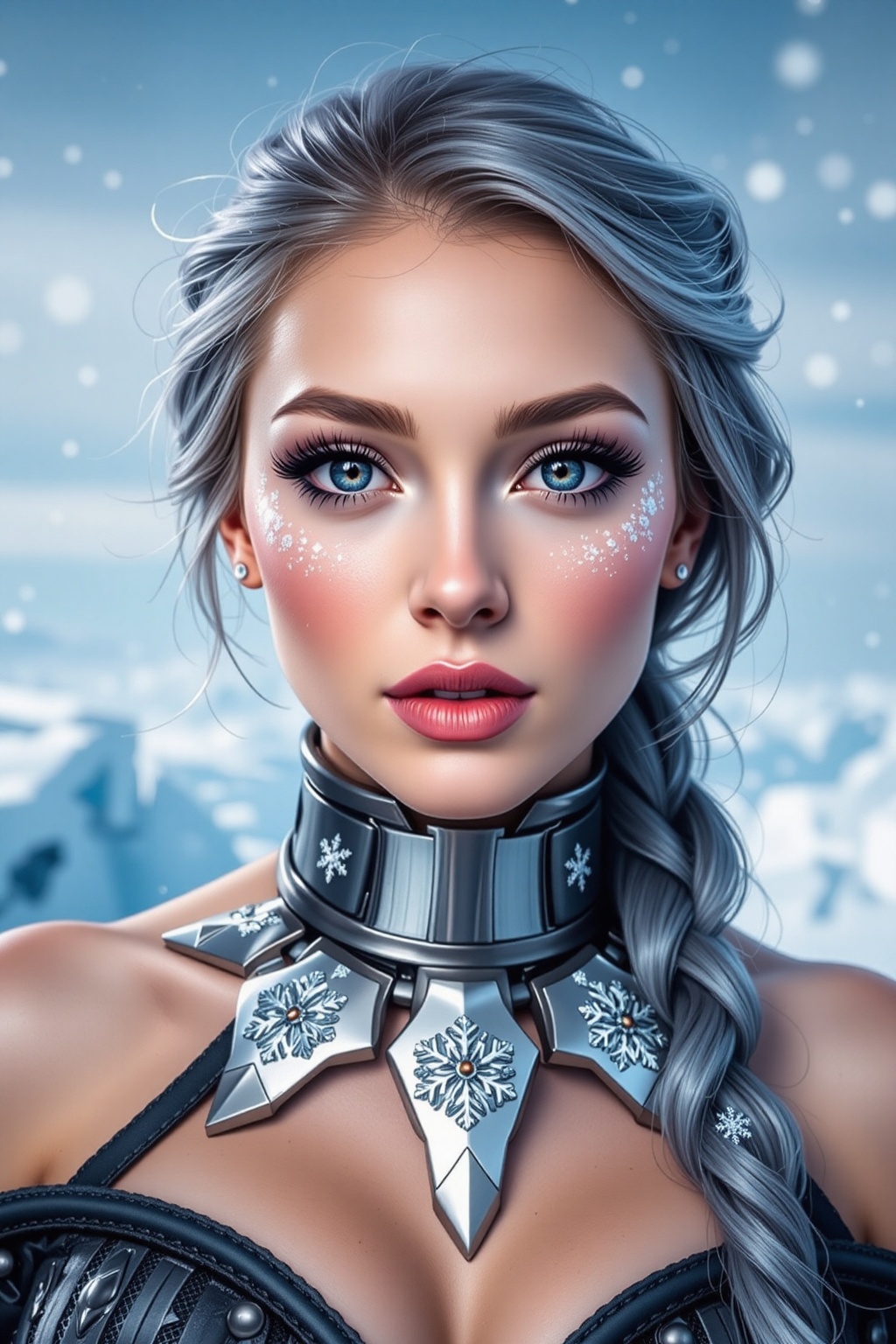 A glamorous woman with sharp,  bold makeup featuring glittering snowflake designs around her eyes. Her sleek,  silvery-blu...