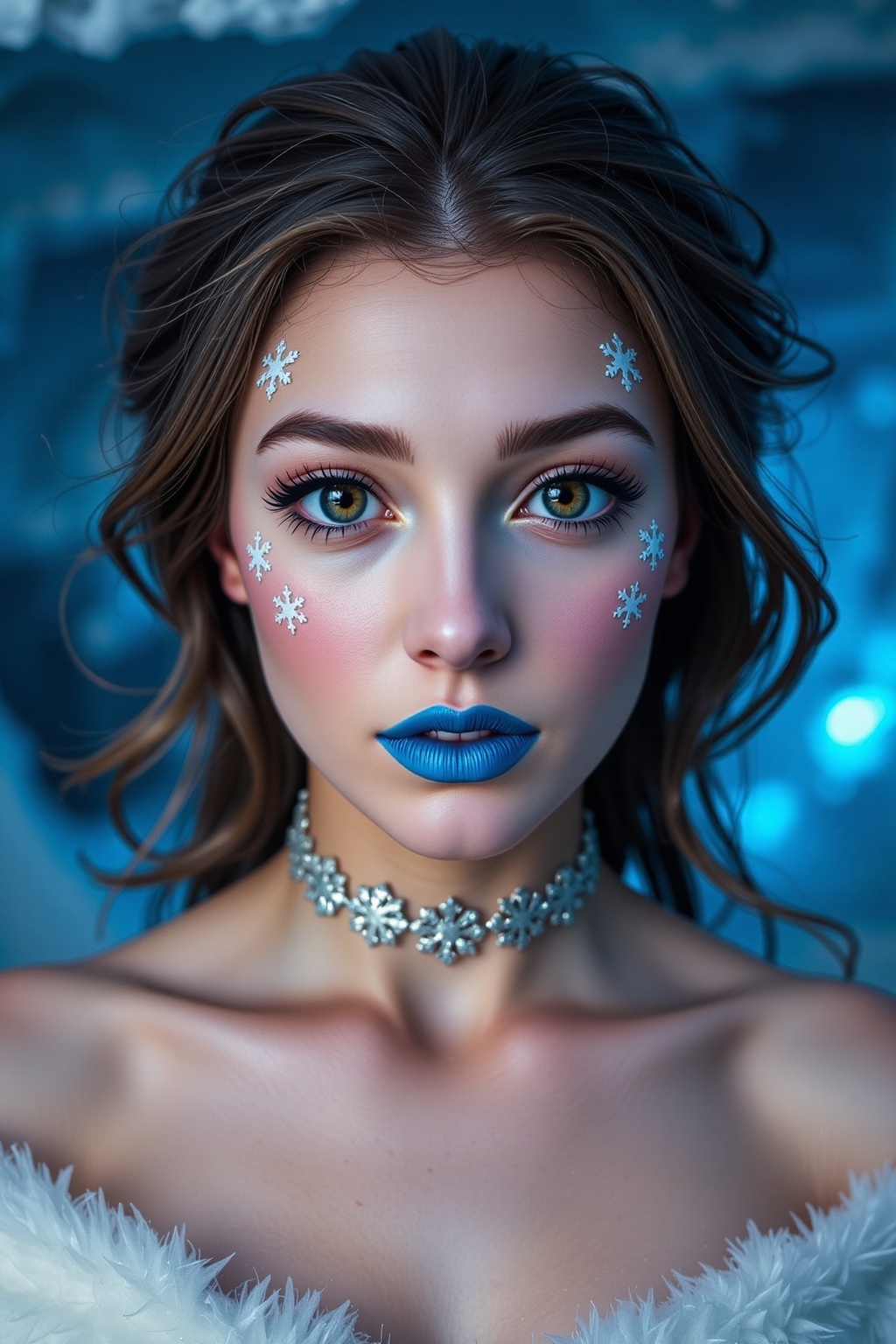 A photorealistic close-up of a woman with delicate snowflake designs painted across her cheeks and temples in shimmering w...