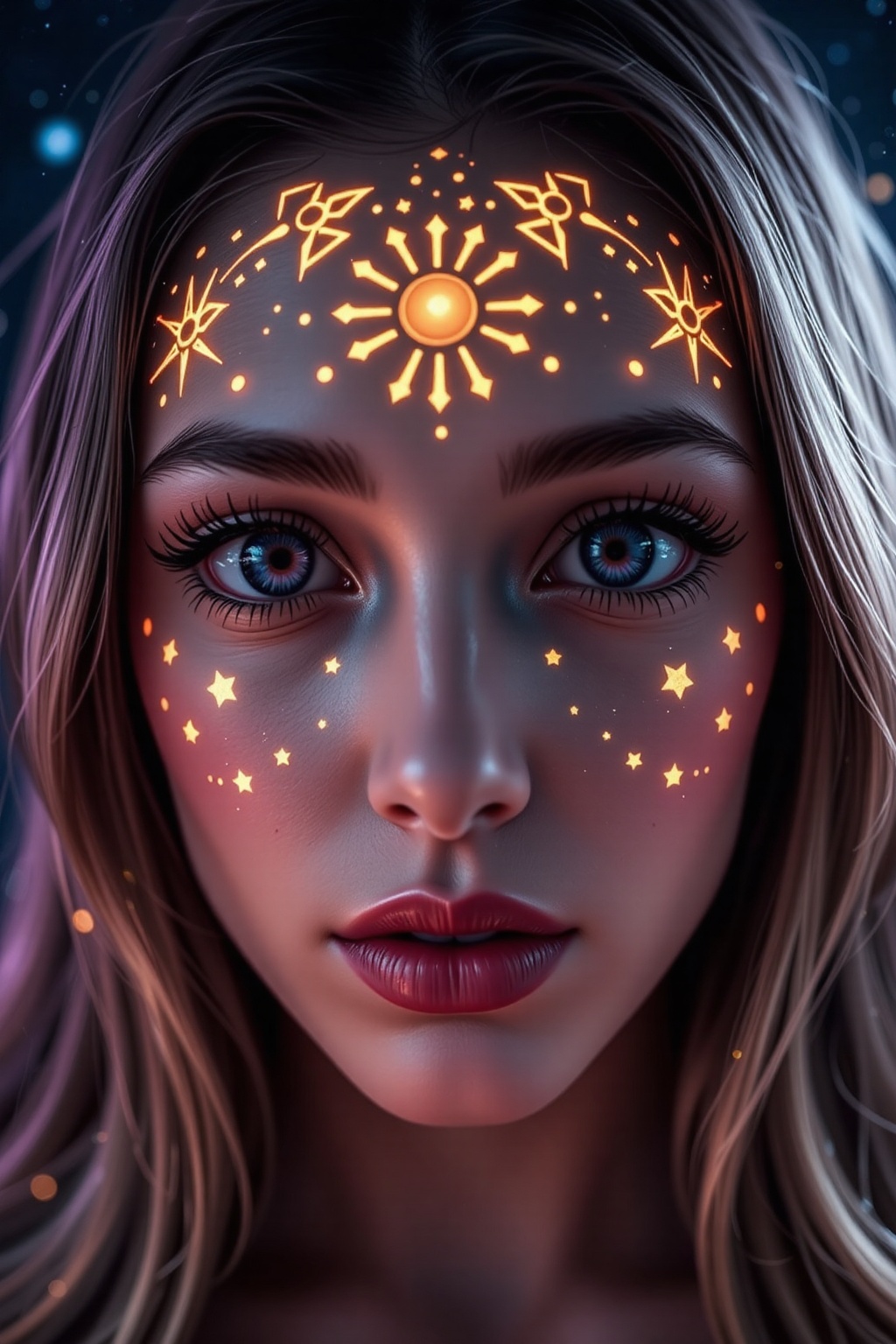 A striking close-up of a woman’s face adorned with intricate glowing gold patterns that trace her cheeks and forehead like...