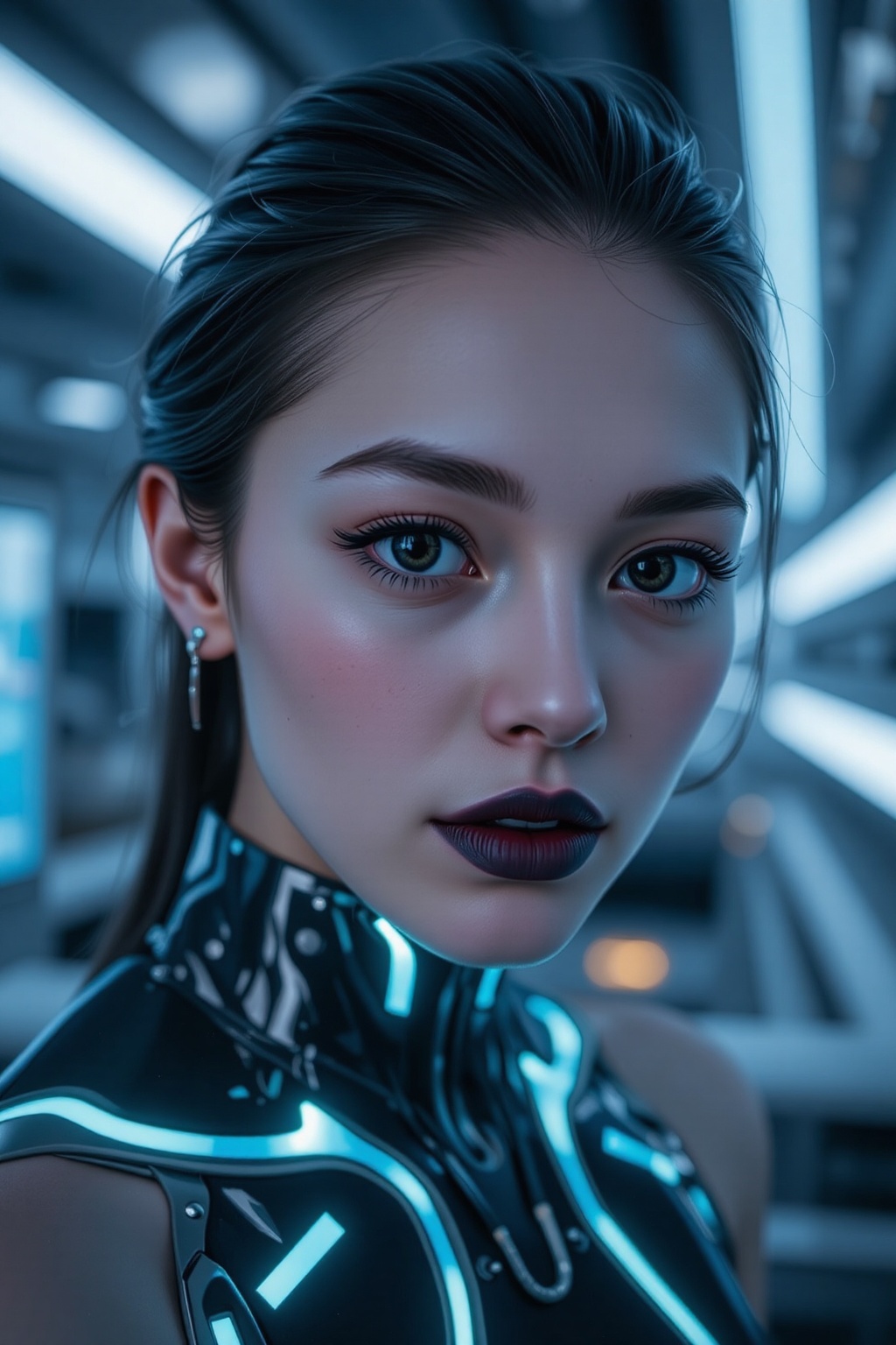 A close-up of a woman with flawless,  glowing skin and glossy black lips. Her face is partially illuminated by soft white...