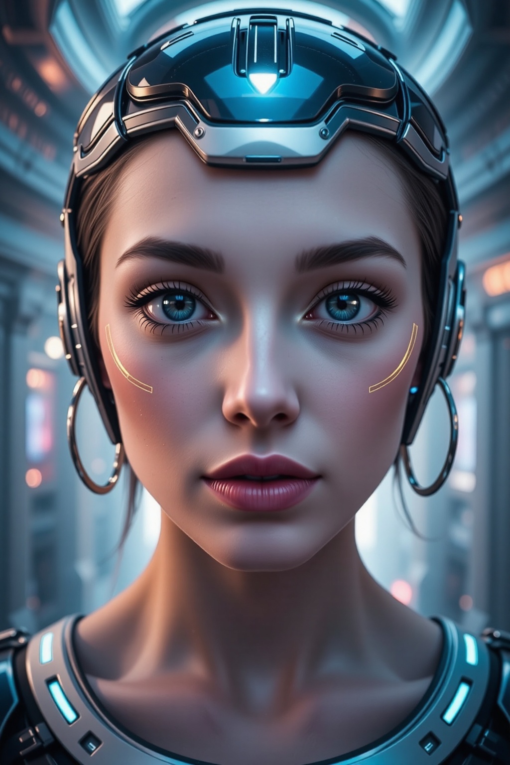 A photorealistic close-up of a woman’s face framed by a sleek,  metallic headpiece that glows faintly with soft blue light...