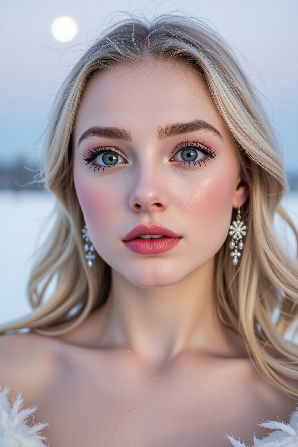 A soft,  ethereal close-up of a woman with a dreamy expression,  her skin glowing softly like fresh snow. Her lips are tin...