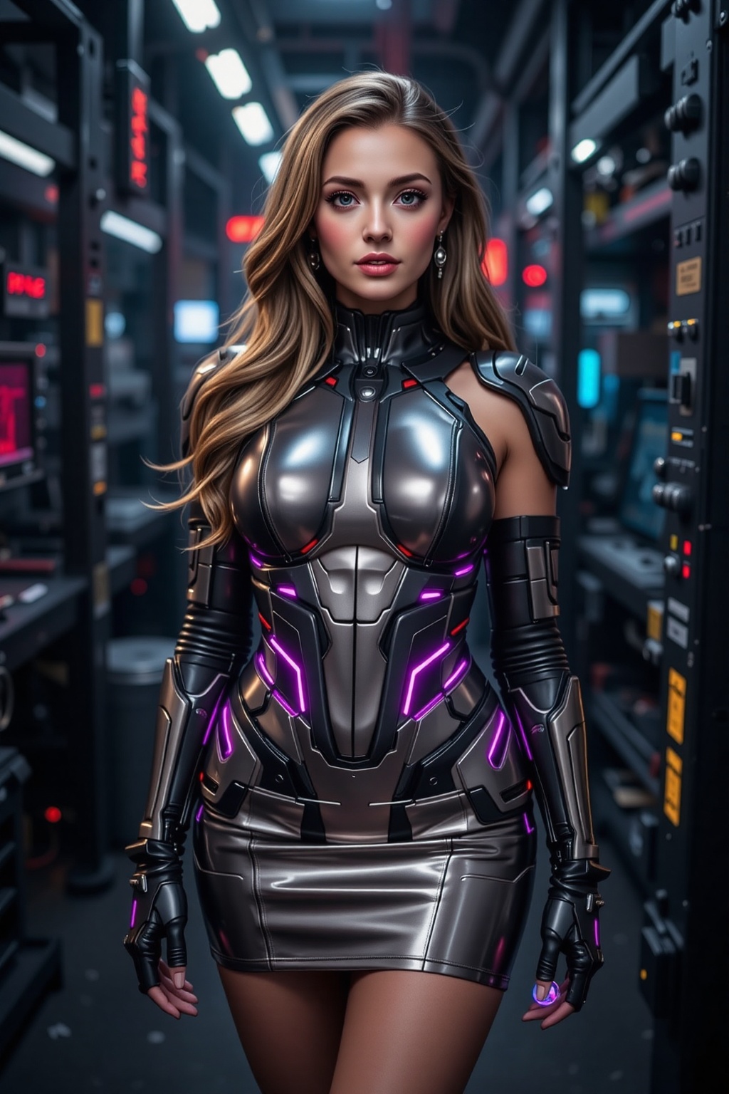 A close-up of a beautiful woman in a robotic-inspired dress made of reflective,  segmented metal plates. The dress feature...