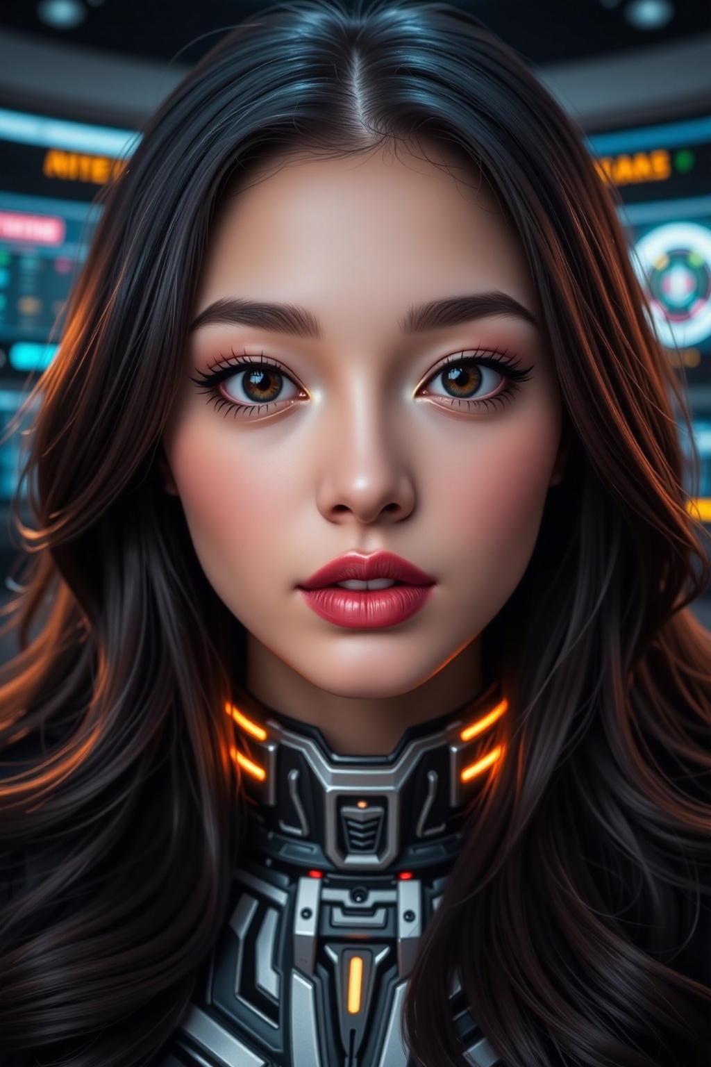 A close-up of a captivating woman with smooth porcelain skin and shimmering metallic lips. Her long,  jet-black hair casca...