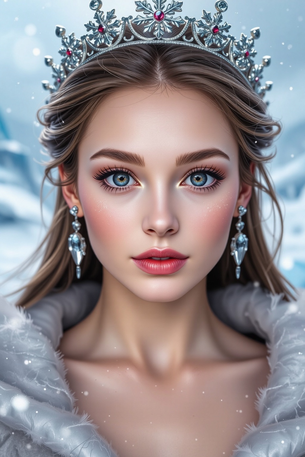 A hyper-realistic close-up of a regal woman with flawless,  glowing skin and frosty silver makeup. Her icy blue eyes refle...