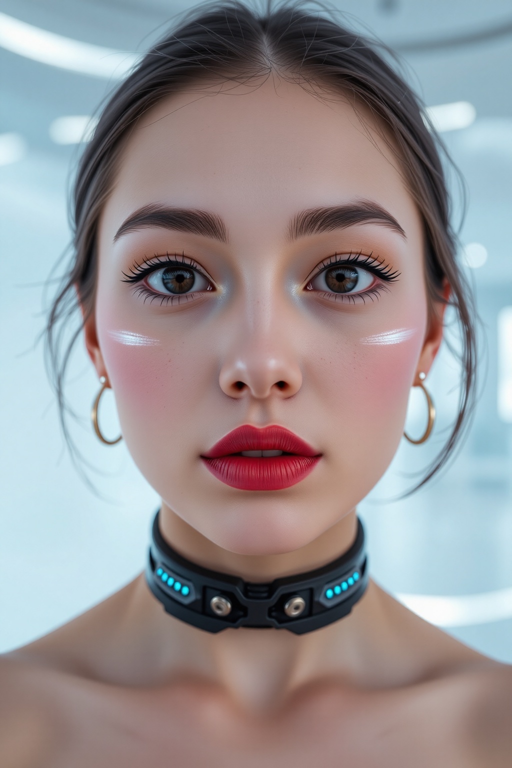 A photorealistic close-up of a gorgeous woman with smooth,  dewy skin and vibrant red lips. Her eyes are highlighted by sh...