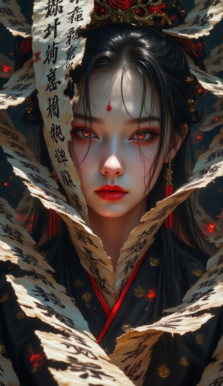 A vision of ethereal allure unfolds: from the tattered remnants of weathered scrolls,  a figure emerges,  shrouded in the...
