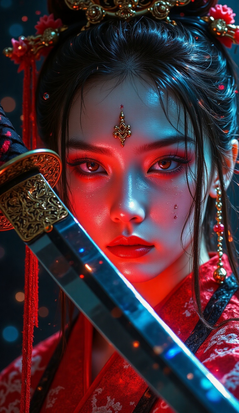 A mesmerizing portrait captures a woman cloaked in an aura of mystique and beauty,  her face adorned with delicate,  refle...