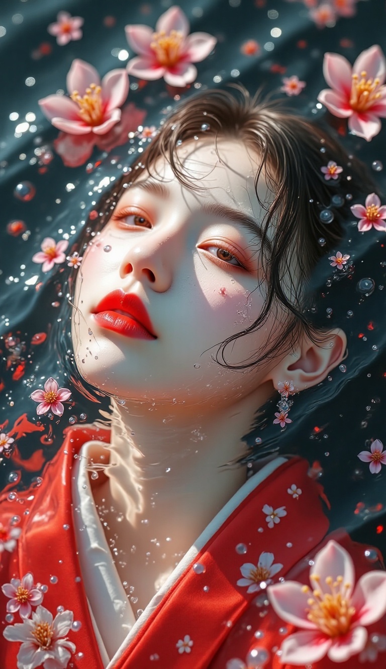 Amid a watery realm,  close up portrait of a young woman in kimono drifts,  her face calm as if dreaming beneath the surfa...