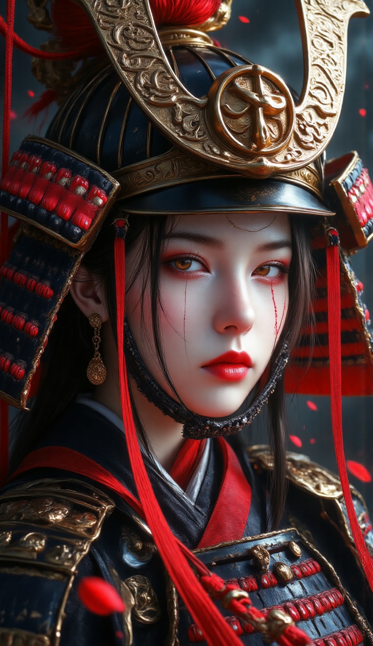 Hyper-realistic digital artwork : 3/4 profile portrait of a powerful image comes to life: a formidable female warrior stan...