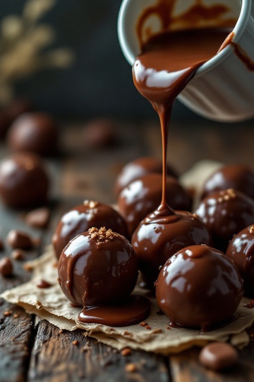 Aesthetic professional photography of glazed chocolate truffles on a rustic wooden background. Rich chocolate glaze is bei...