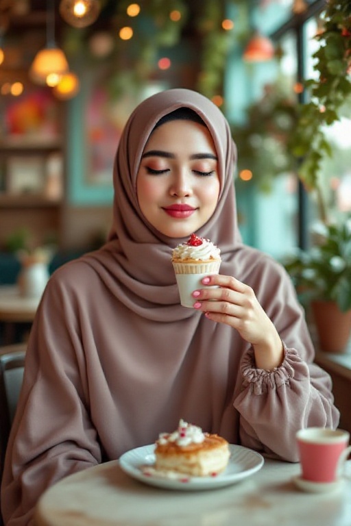 A 20-year-old Malaysian girl seated in a cozy cafe,  dressed in stylish Muslimah fashion. Her elegant hijab frames her fac...