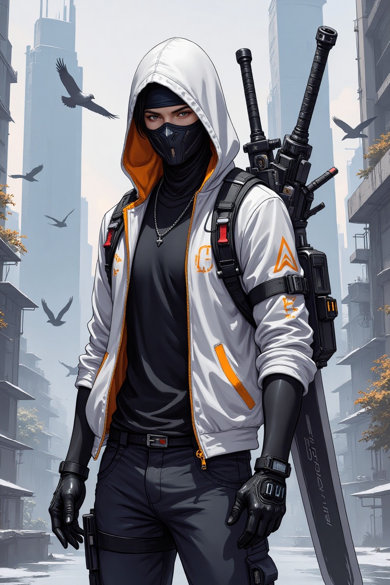 "Create an anime-style character illustration featuring a futuristic,  urban setting. The character is a male figure with...