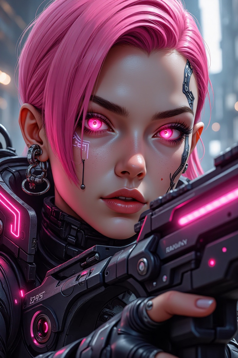 "A close-up portrait of a futuristic cybernetic female character with striking pink hair and glowing pink eyes,  exuding a...