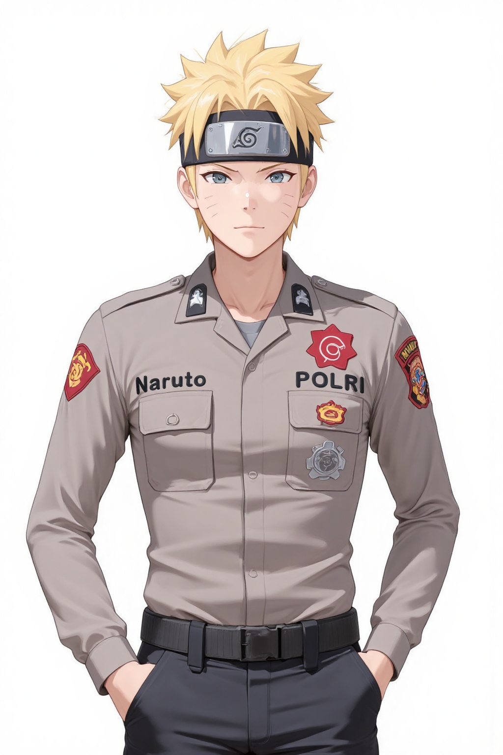 anime_style drawing anime of naruto uzumaki stand in white background wearing a long-sleeved polr1 police uniform,  tucked...