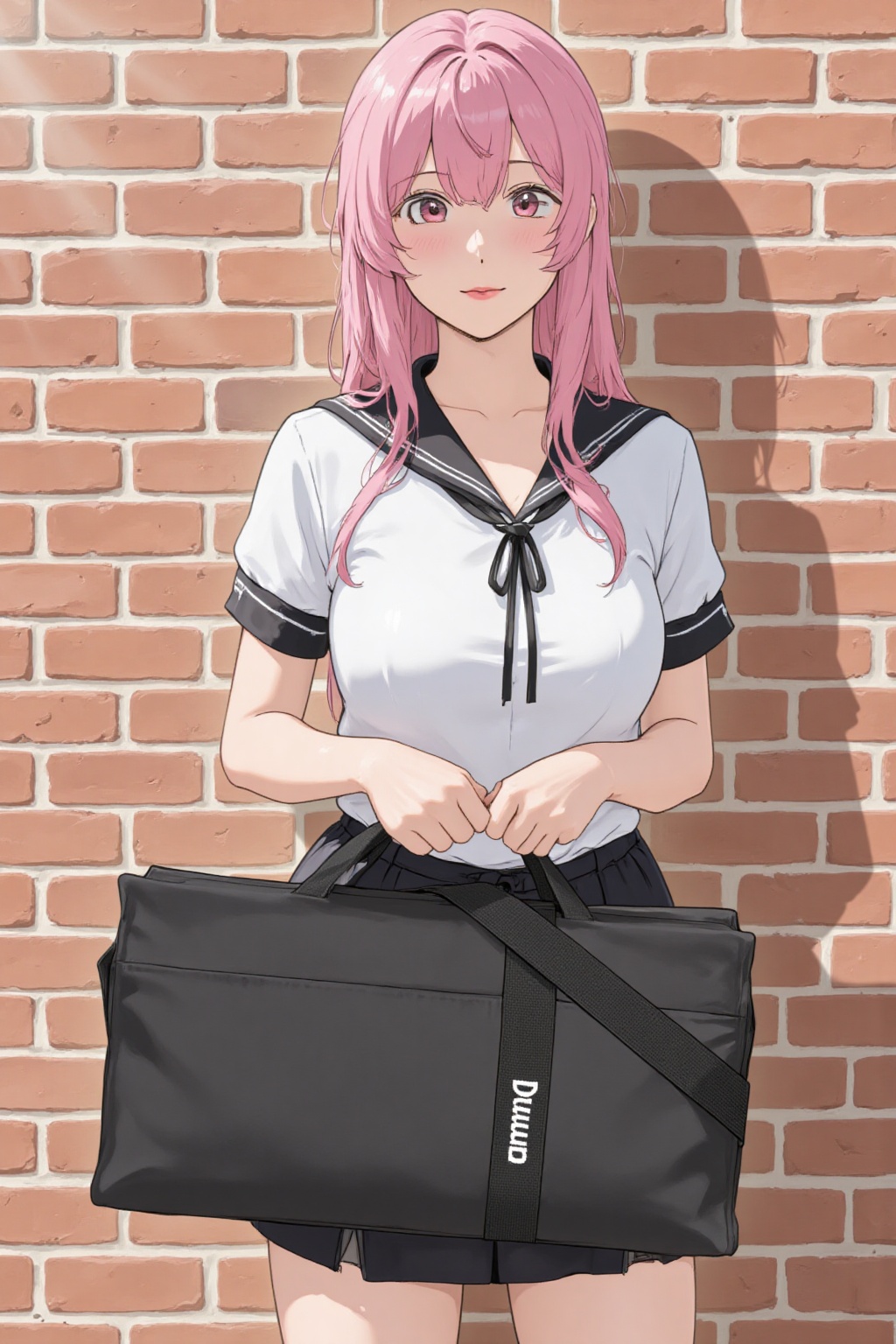 anime_style drawing anime of pink haired girl standing against the brick wall,  holding duma bag,  adorned with brand name...