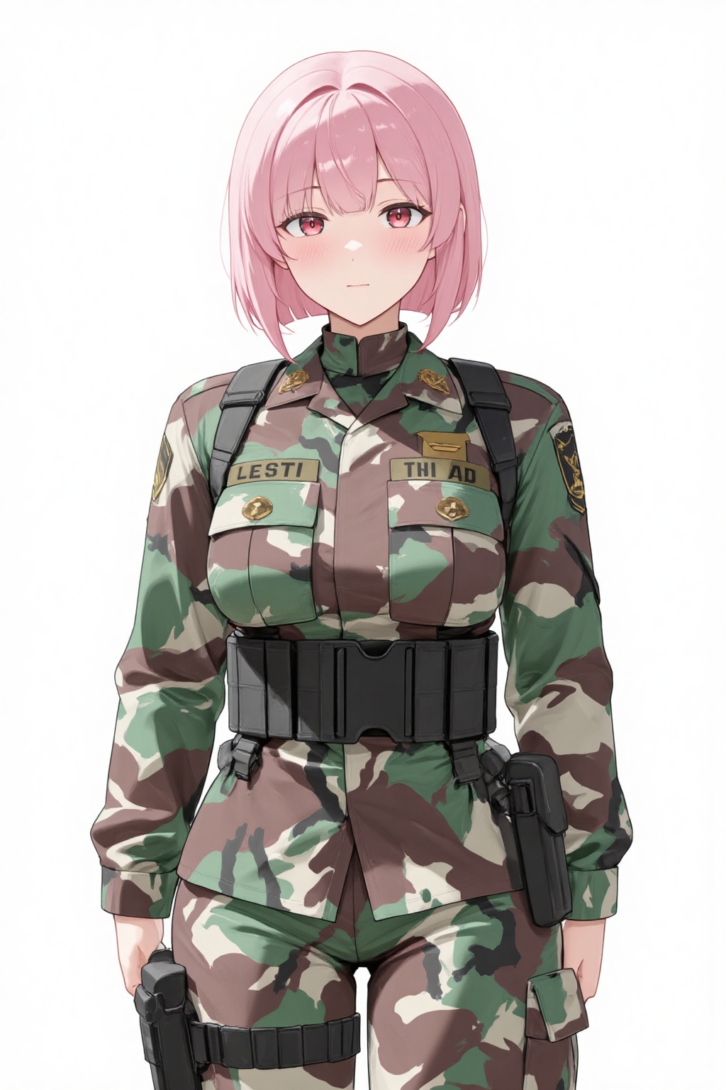 anime_style drawing anime of pink haired girl stand in the stark white backdrop wearing TNI uniform,  adorned with a patch...