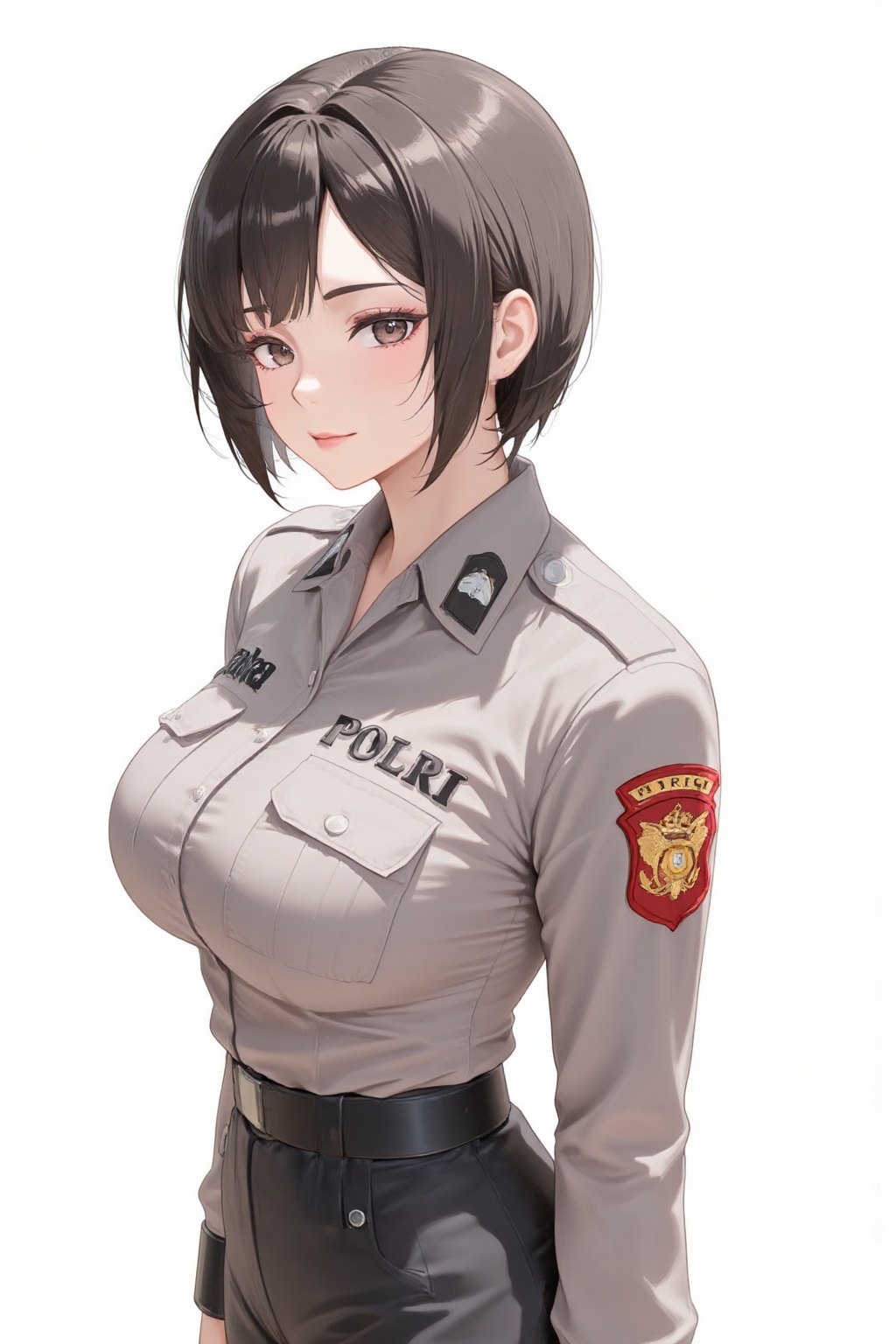 anime_style drawing anime of angelina jolie stand in white background wearing a long-sleeved polr1 police uniform,  tucked...