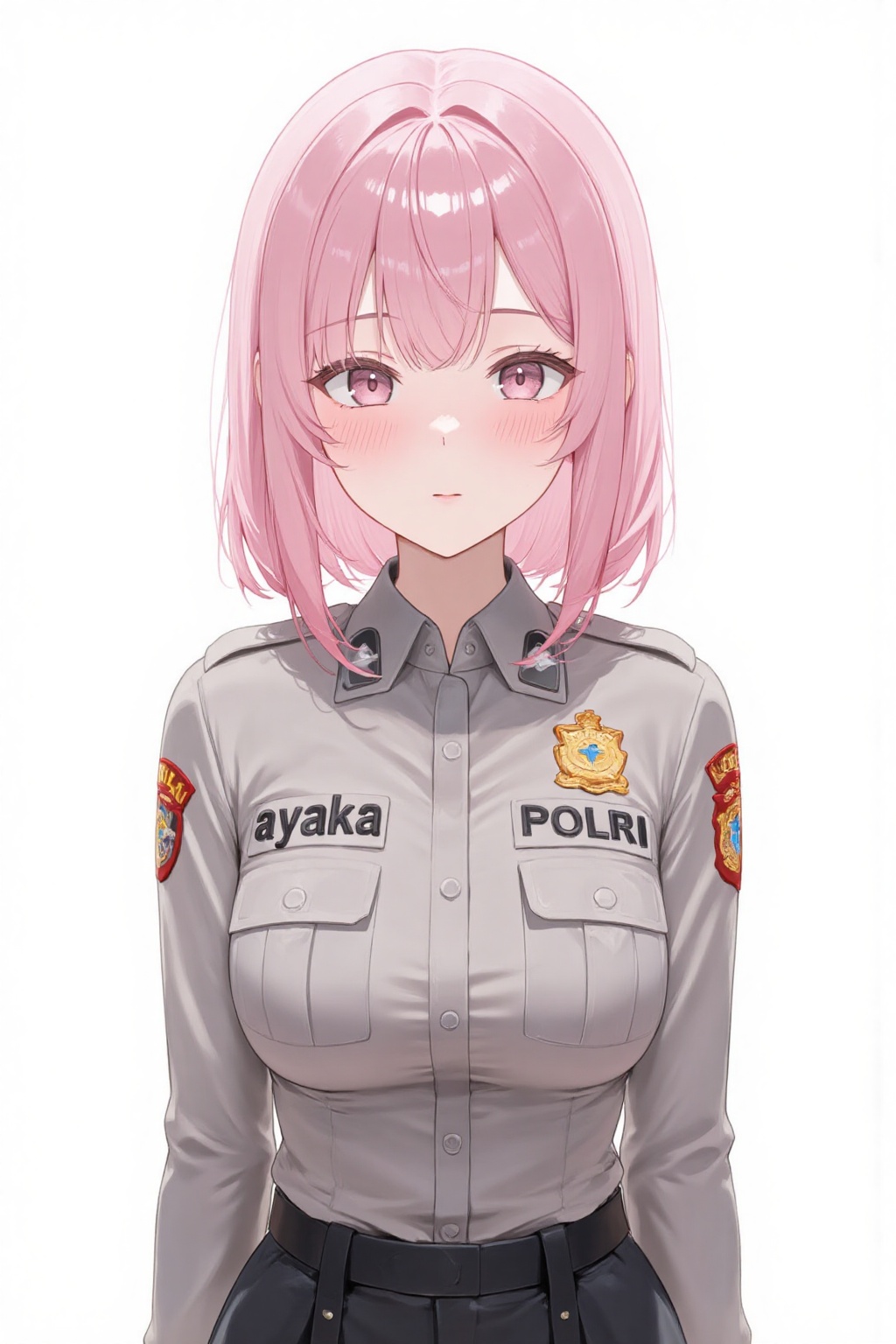 anime_style drawing anime of pink haired girl stand in white background wearing a long-sleeved polr1 police uniform,  tuck...