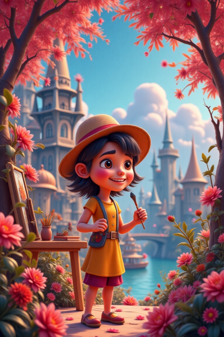 vibrant 3d cartoon,  cute enchanted Painter in a Living Canvas: An artist whose paintings come to life,  creating real lan...