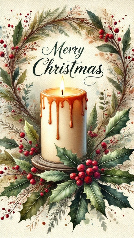 a sheet of paper wit watercolour wash Christmas boarder,  a detailed portrait features a lit candle,  adorned with holly l...