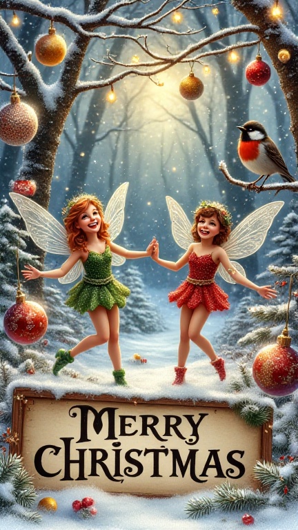 A whimsical winter wonderland scene: Joyful Christmas fairies,  with sparkly wings and mischievous grins,  dance amidst a...