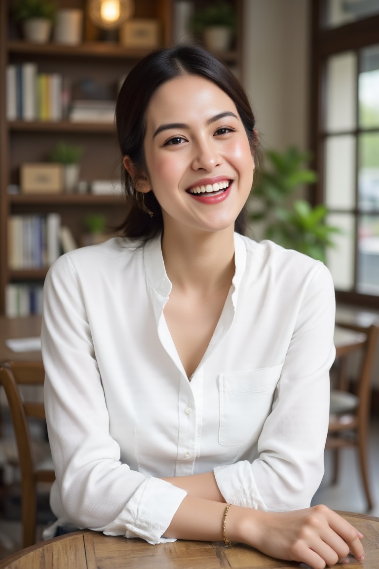 Close-up photo of a woman sitting in a cozy cafe,  wearing a crisp white blouse with delicate detailing on the collar and...