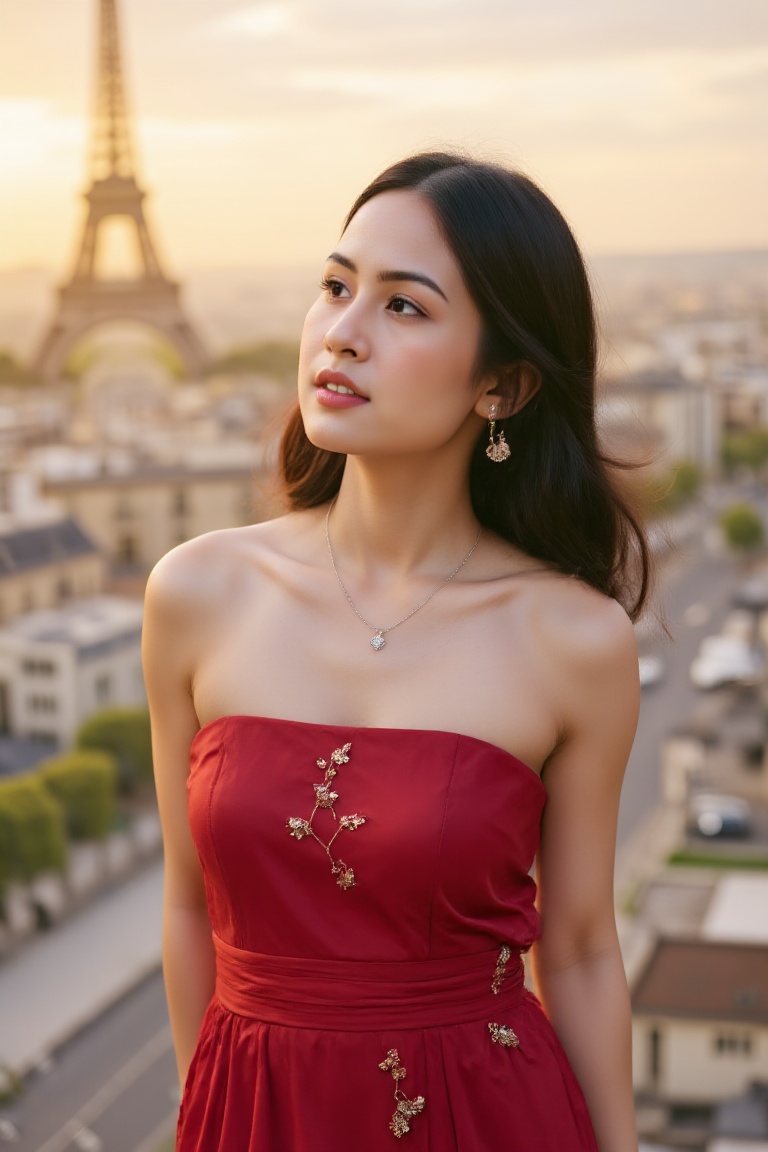 A breathtakingly beautiful 22-year-old woman with long,  luscious wavy dark hair (below shoulder length),  piercing brown...