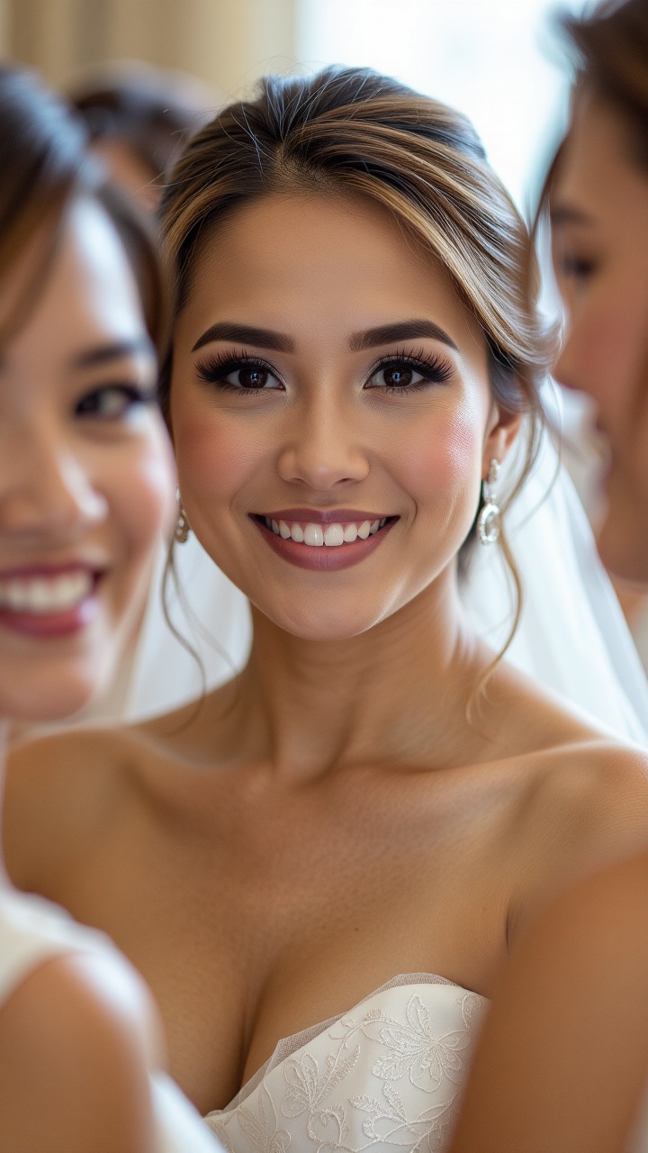 Multiple women: Soft focus captures the tender moment as the bride's face fills the frame. Her gentle smile and bright eye...