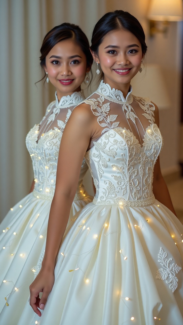 Two radiant young bride gazes directly into the lens,  her gentle smile and sparkling eyes drawing attention. She wears an...