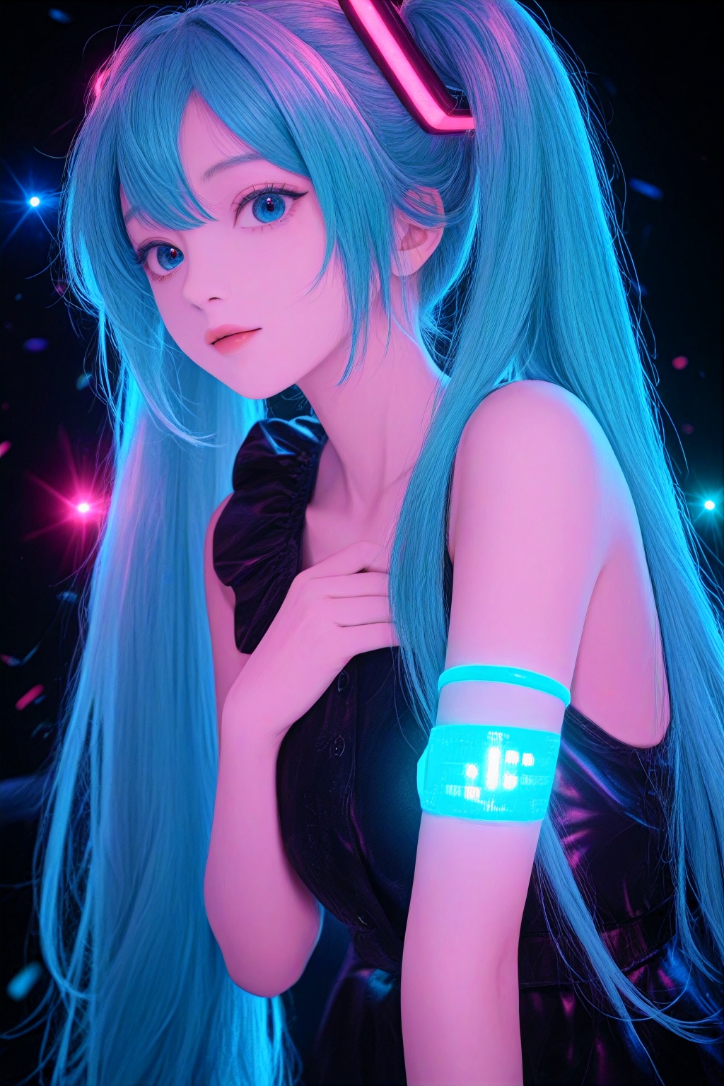 Hatsune Miku,  limited palette,  black background on Tensor.Art