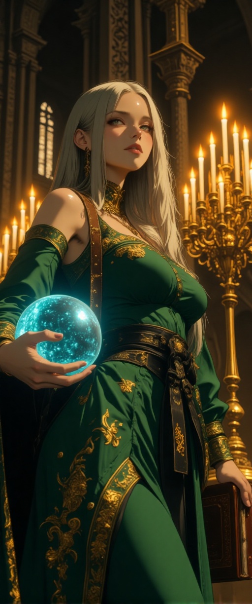 Here's a prompt for a striking 70mm lens photograph: A powerful enchantress standing gracefully in the warm glow of ornate...