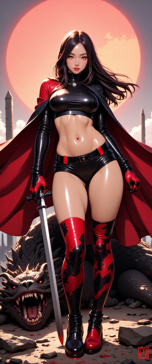 Victory stance exudes primal pride,  Warrior woman wears tri-colored cloak,  Reds and blacks swirled on Tensor.Art