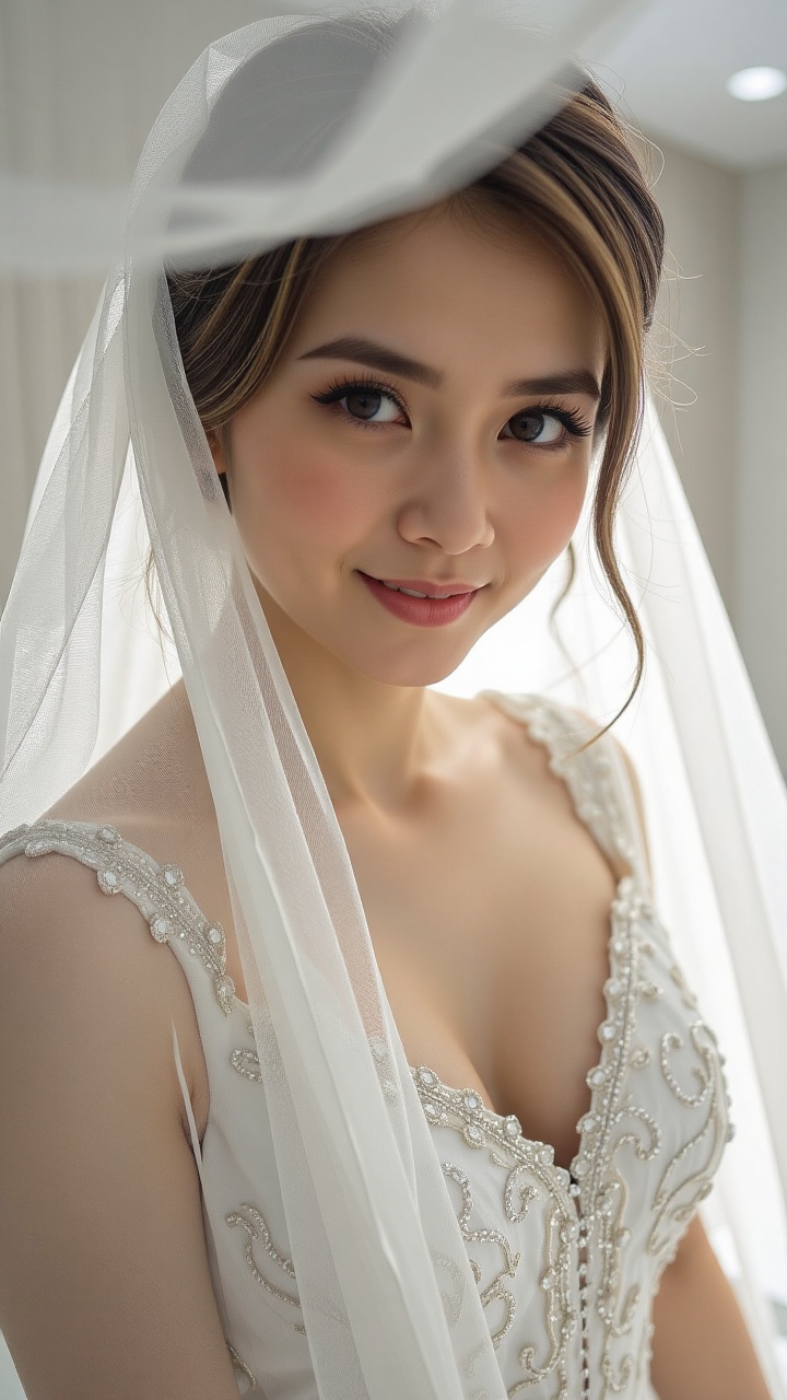 A luminous close-up captures the serene expression of a young woman,  her eyes locking onto the lens as she wears a dazzli...